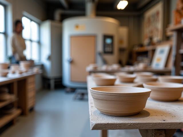 陶芸スタジオの窯と焼成中の陶器の皿